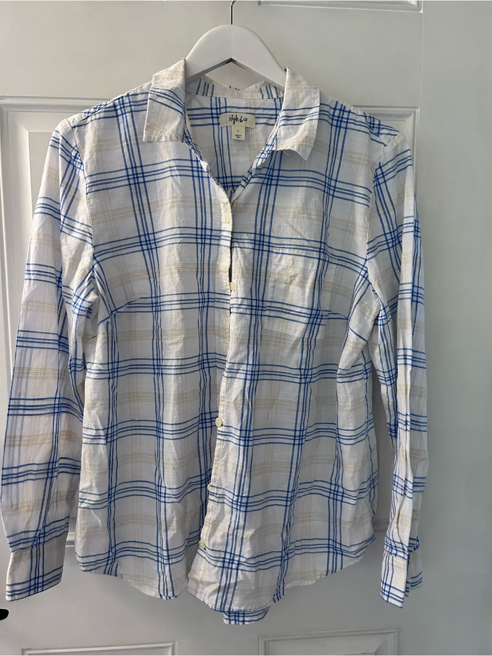 Style & Co. White Button-Down Shirt with Blue Plaid